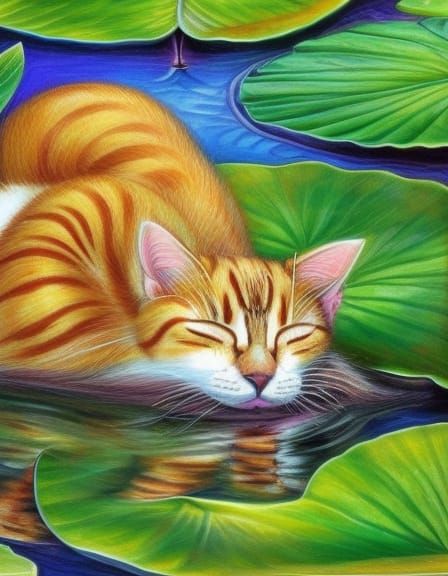 cute cat sleeping on lotus leaf floating on water, Lily Seik...