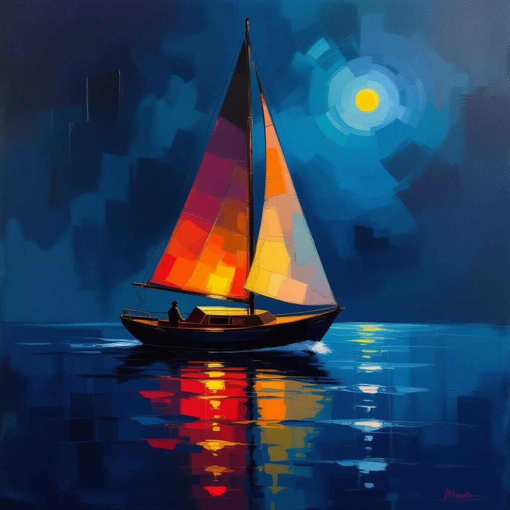Abstract Expressionist Sailboat Painting with Moody Blues an...