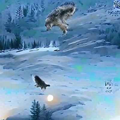 Owl jumping on wolf