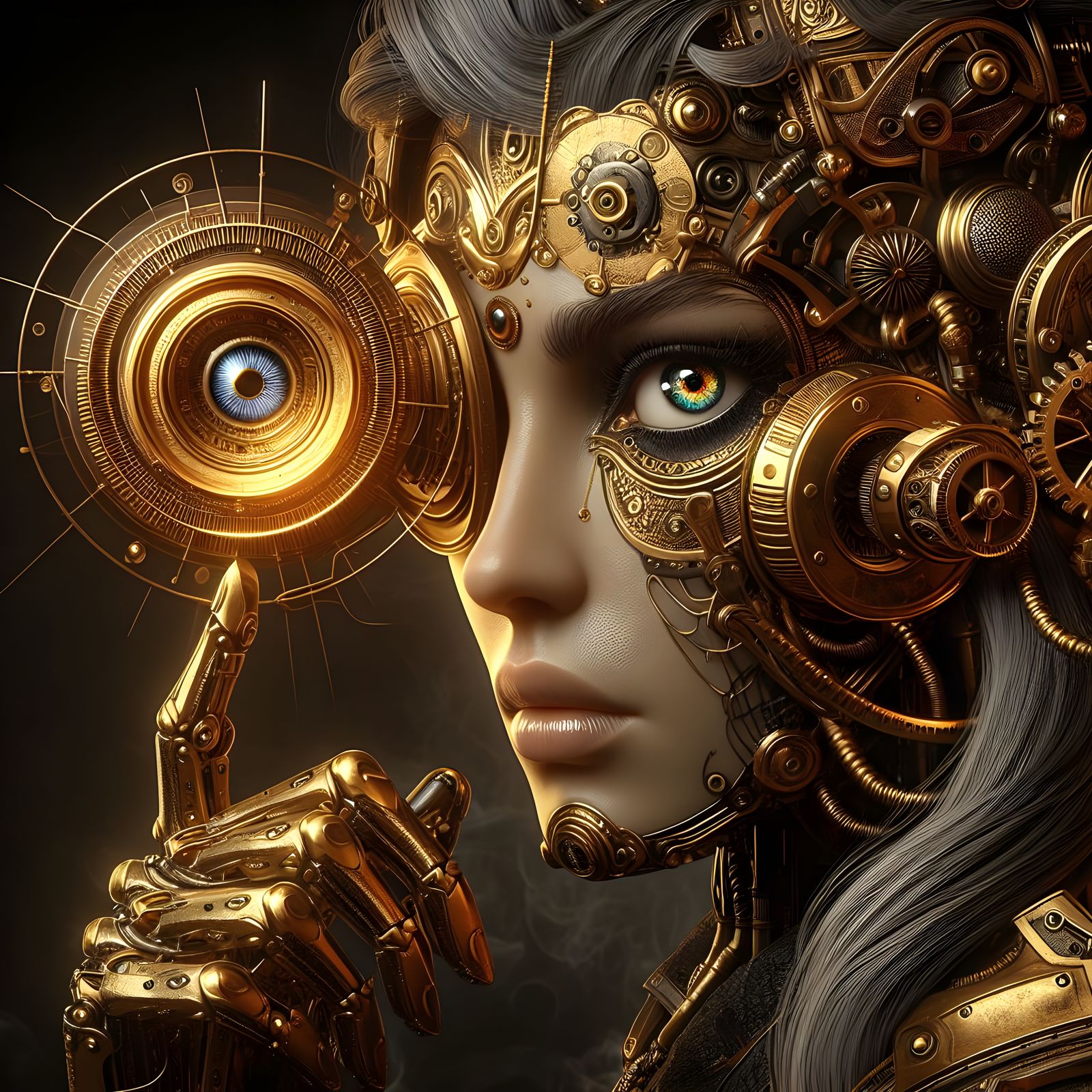 A golden steampunk android dieselpunk sorceress