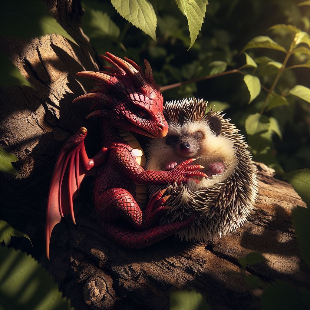 Baby red Dragon curled up with his hedgehog friend