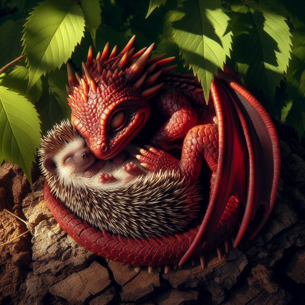Baby red Dragon curled up with his hedgehog friend