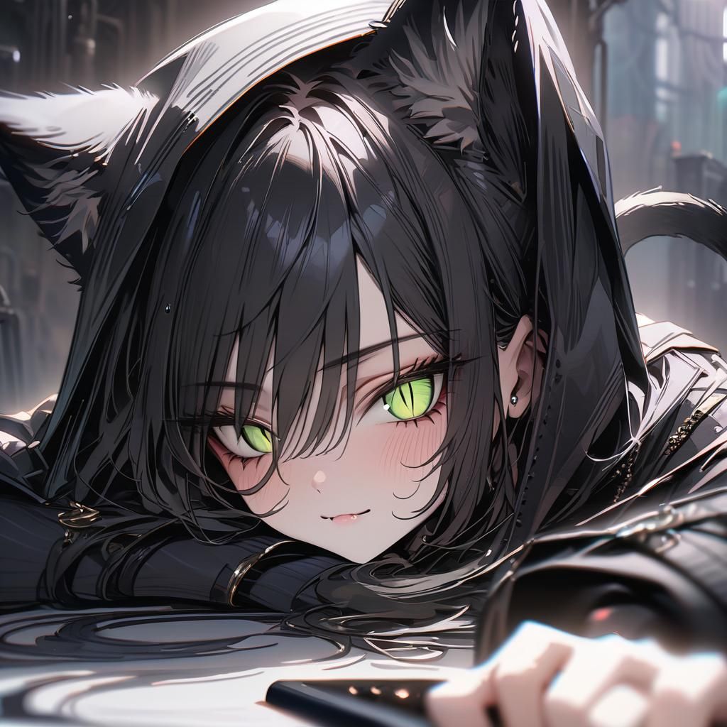 Girl with Black Hair and Cat Ears