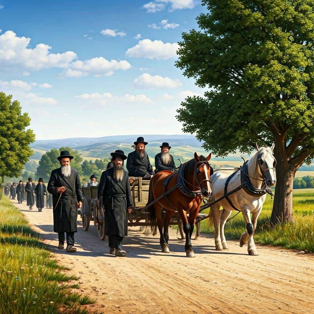 Hasidic Men Travel by Horse-Drawn Cart