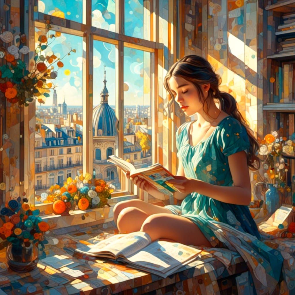 <lora:SurrealWhimsicalXL:1.0> Beautiful girl reading book by the window of Paris quarter colorful vibrant bold color sunny day sunlight goin...