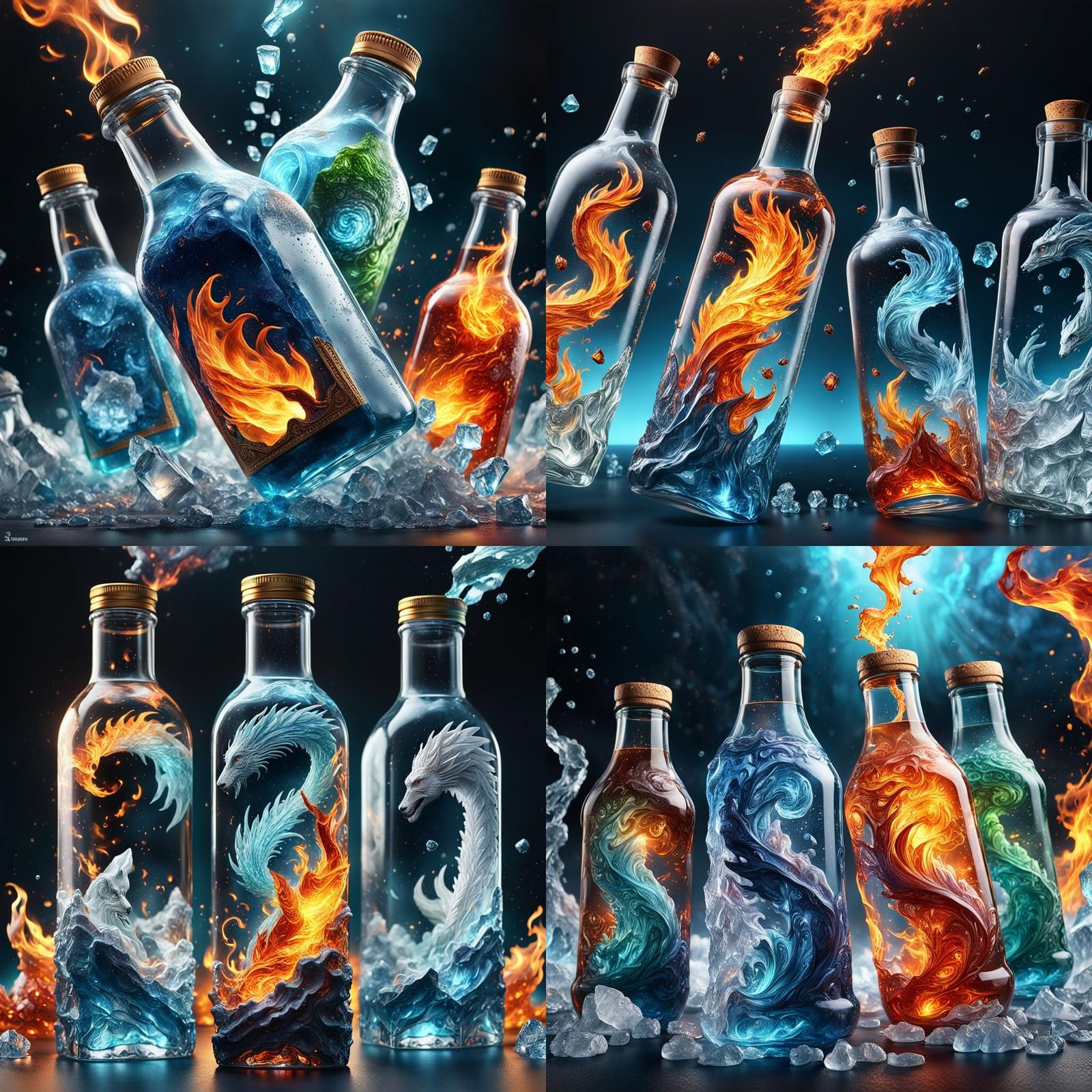 The form of Fire, Ice, wind, earth inside separate bottles - AI ...