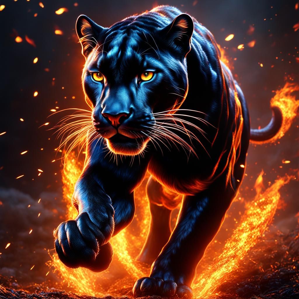 photorealistic final render of an epic panther wreathed in fire and ...