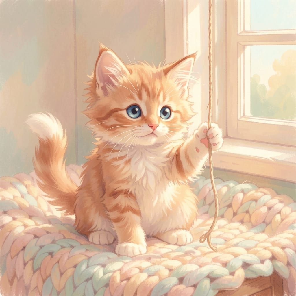 Adorable Fluffy Kitten Plays on Knitted Blanket