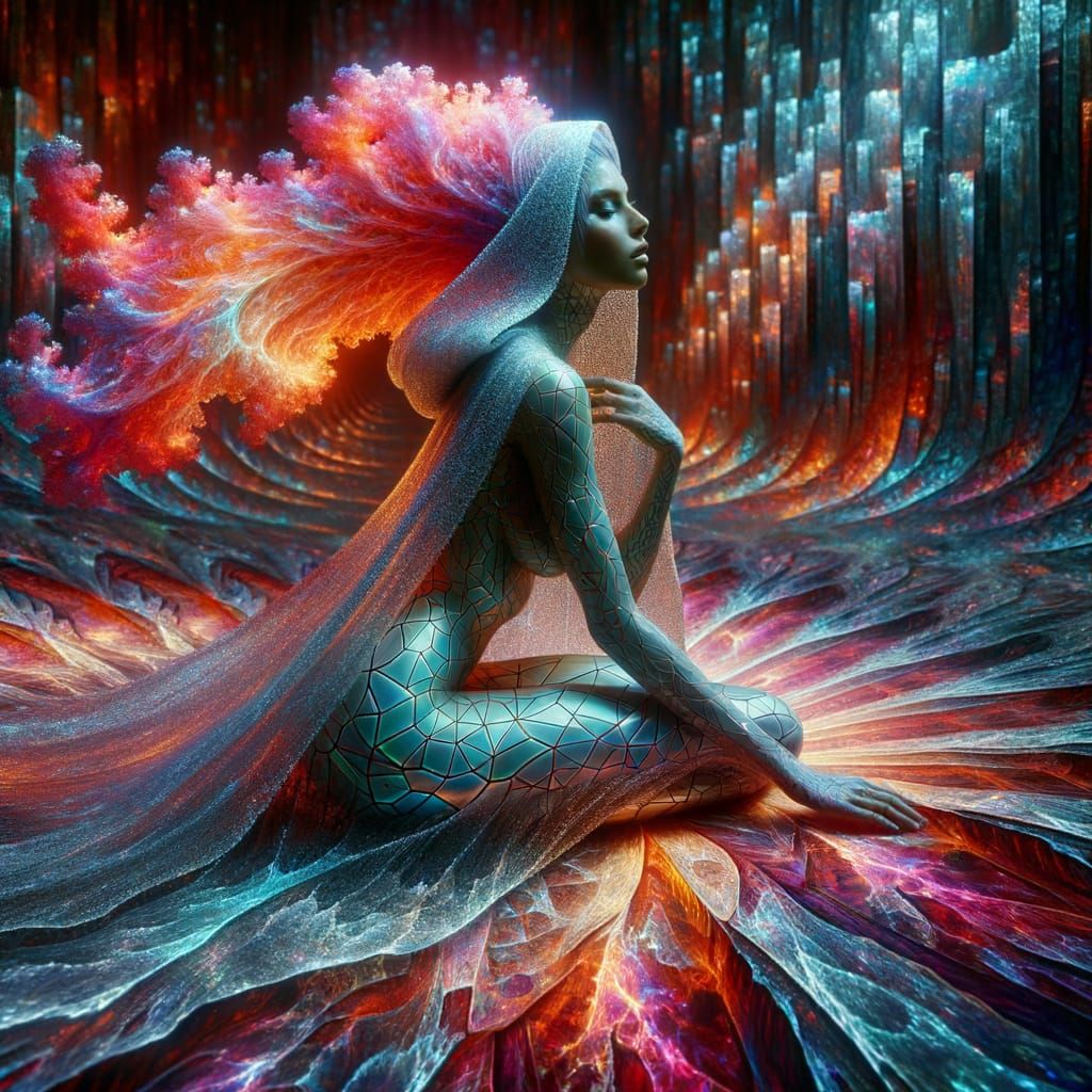 Contemplative Woman in Mystical Realm with Cosmic Whispers