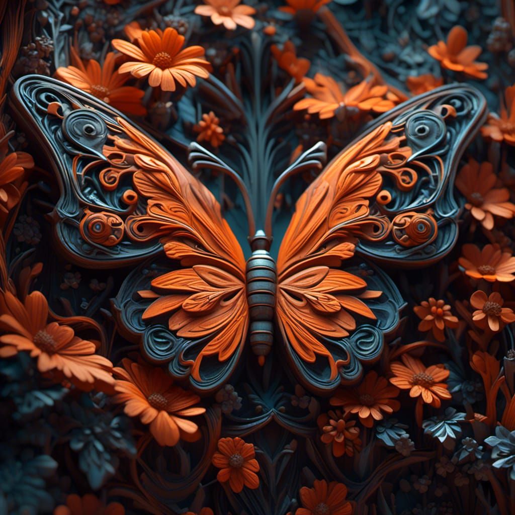 <lora:NC Hyperreal:1.0> 3d butterfly wood carving orange