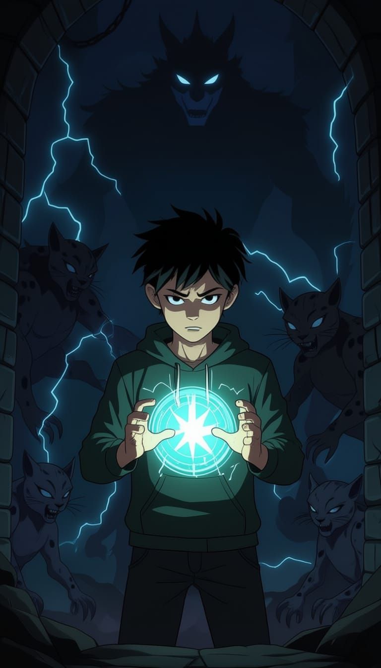 “Teen boy standing in dark dungeon, full body in shadow, face hidden, glowing system window in front of him, hands raised activating powers,...