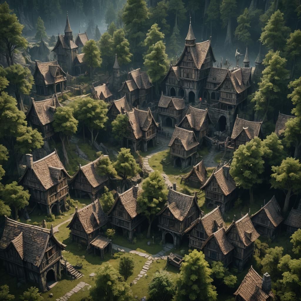 werewolf village in forest, medieval, dark fantasy