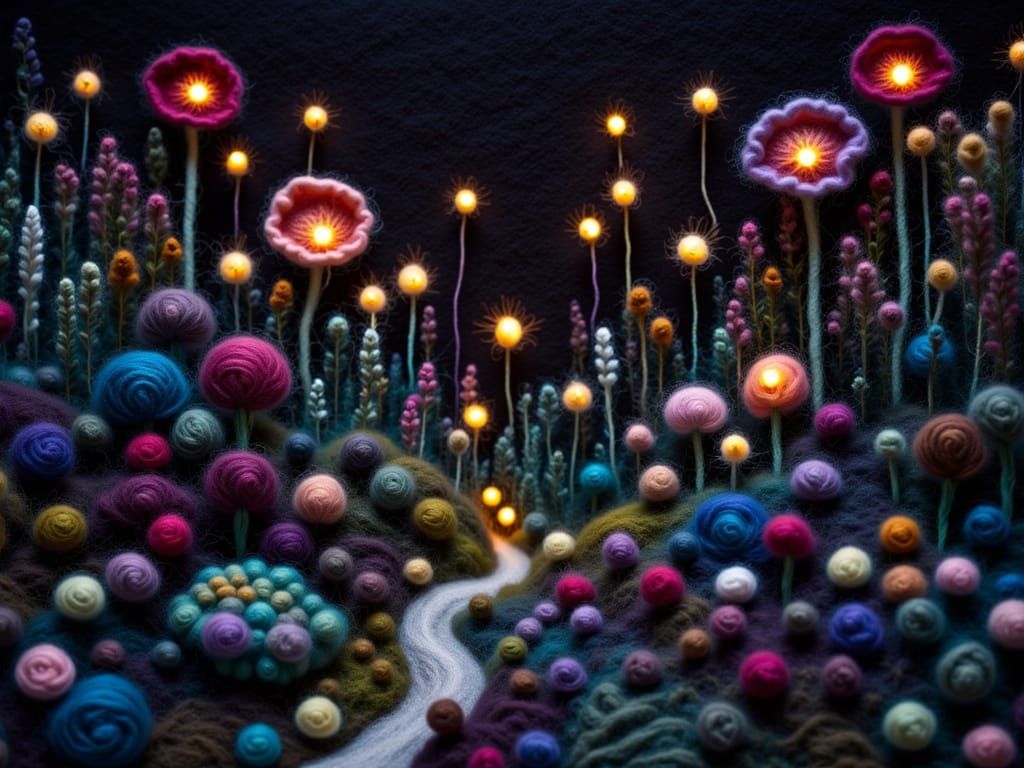 cozy kawaii dreamcore felted wool scene; magic luminescence, giant plants, sparkling motes of light,  vibrant saturated colors, dreamy, dark...