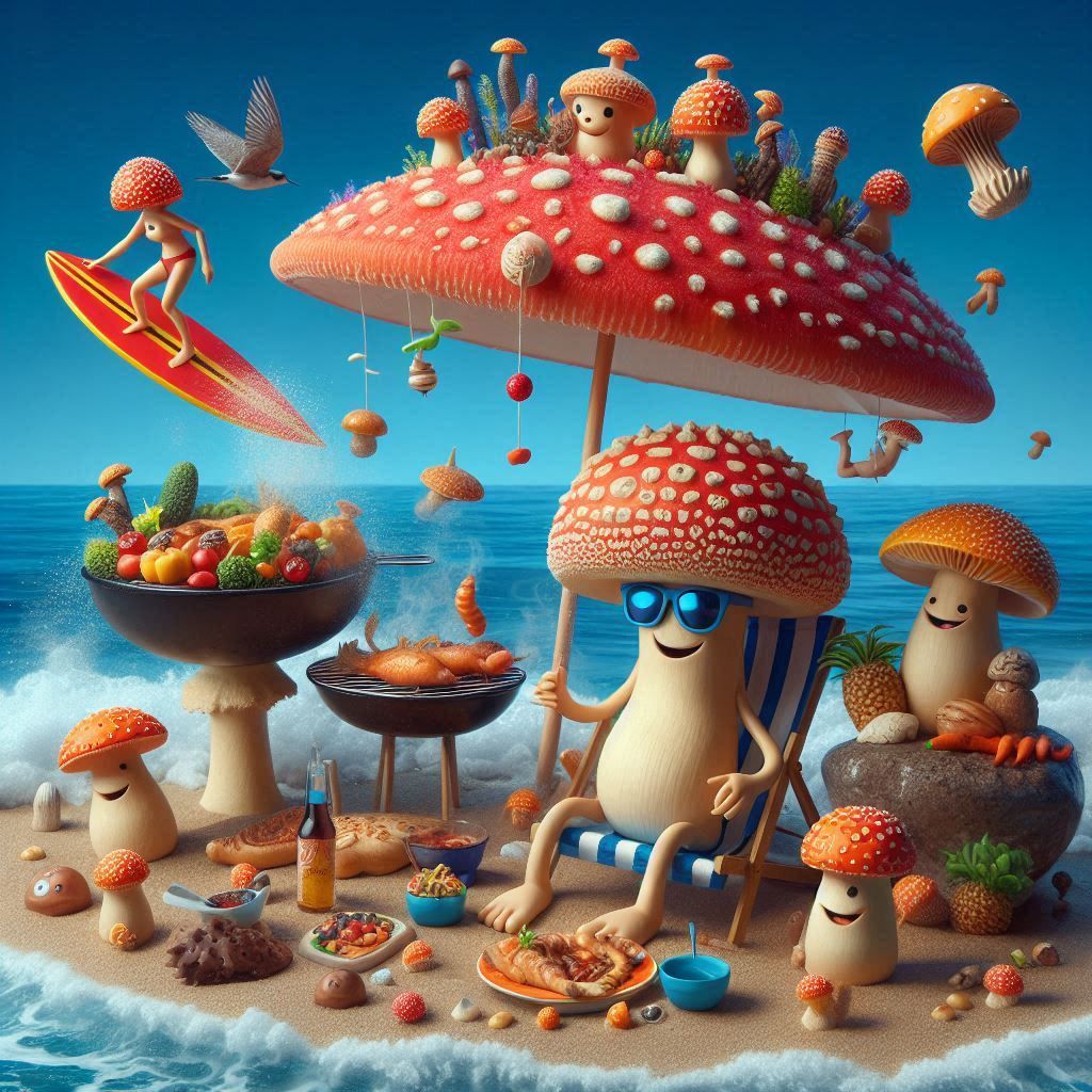 very wacky Crazy mushrooms on vacation sunbathe and make barbecue, umbrella in the shape of an amanita in the background...