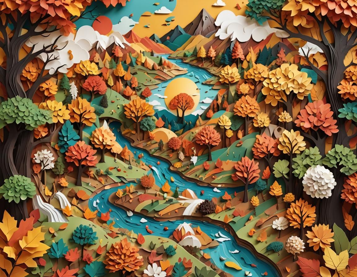 A crazy paper-mâché collage of a surreal paradisaical autumn landscape flat vector style.