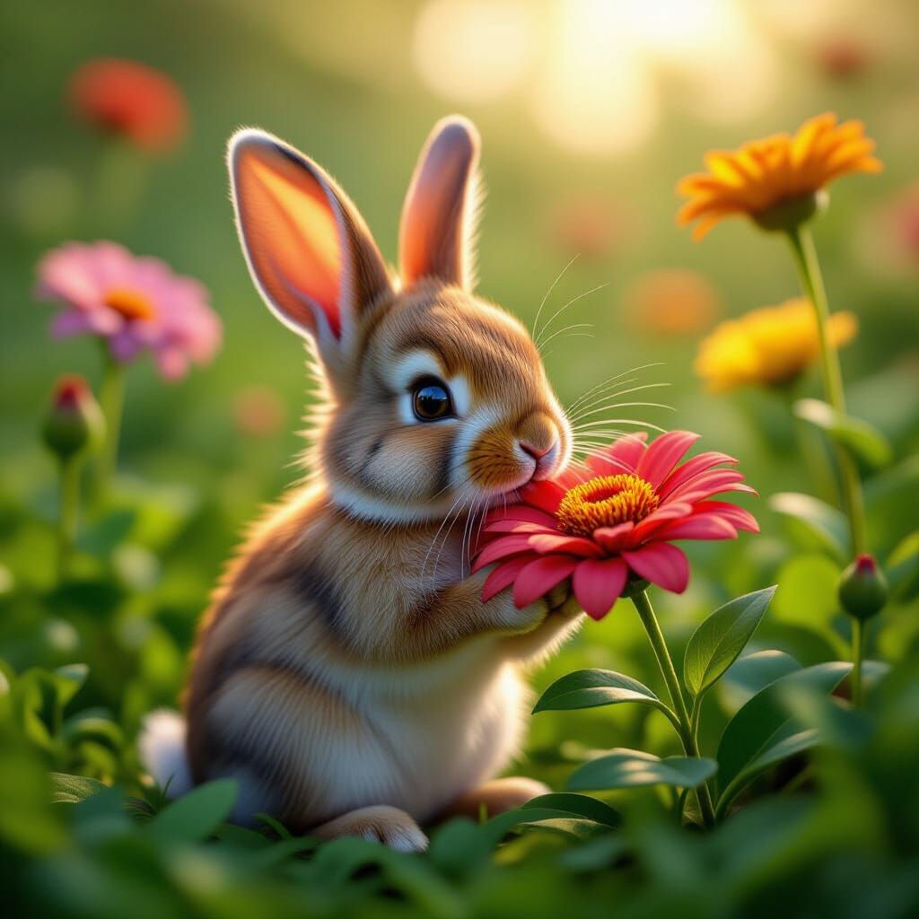 a cute rabbit nibbling on a flower in a garden  by @WOLFIE