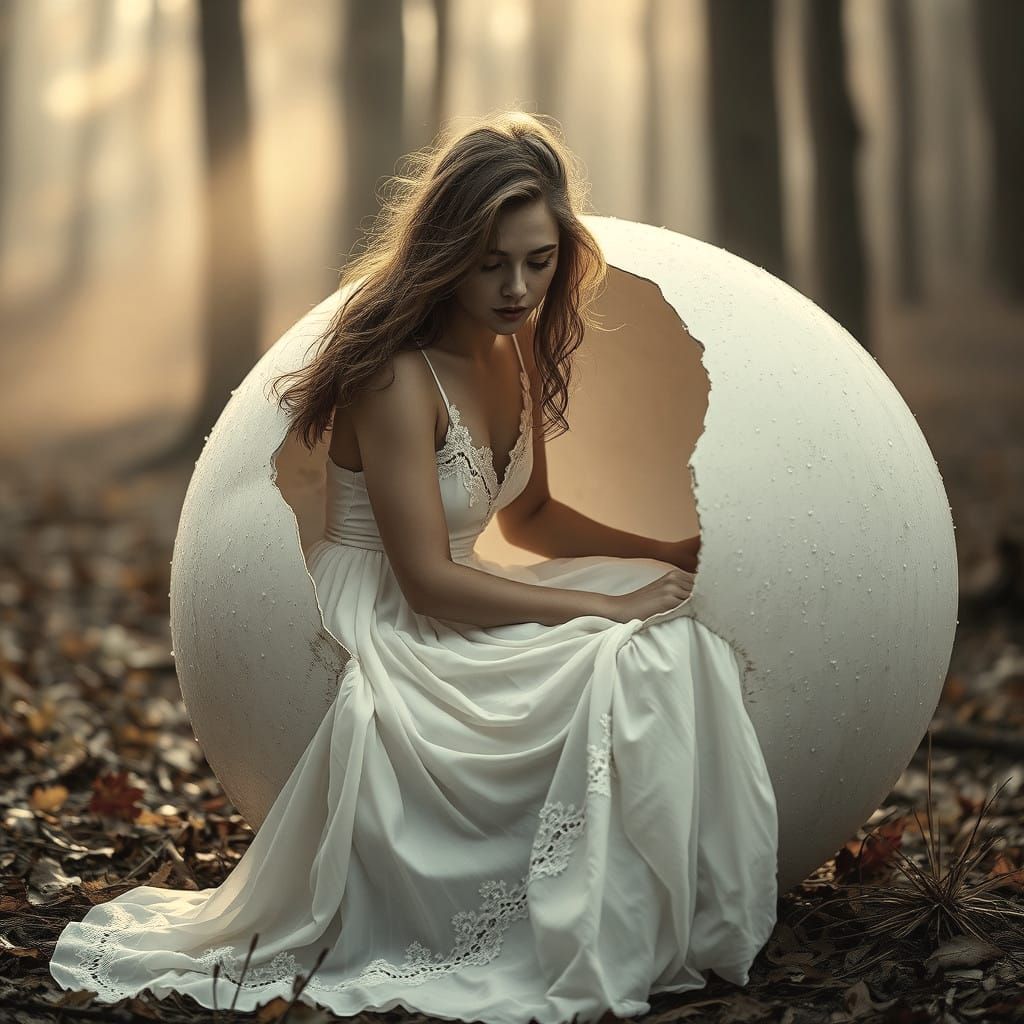 Gorgeous young woman in white maxi dress sitting in the shell of a giant egg  by @Fokje