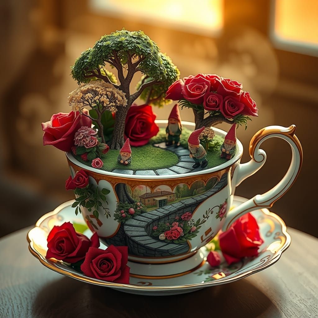 tea cup with a rose garden in the cup with gnomes tending the garden, a masterpiece, intricate details, HDR, beautifully shot, hyperrealisti...