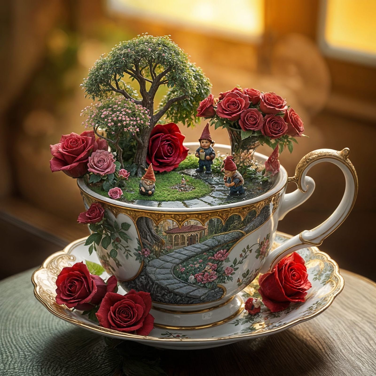 tea cup with a rose garden in the cup with gnomes tending th...