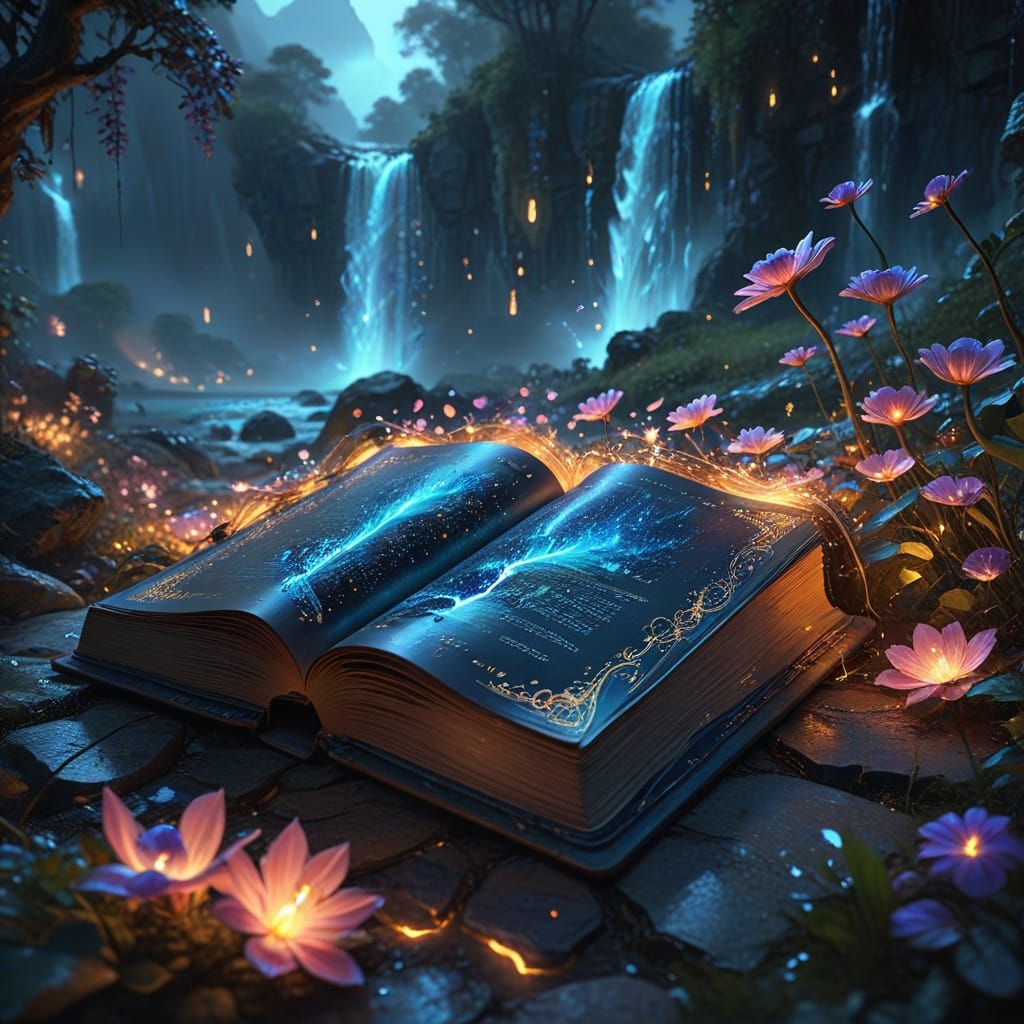 Ancient Tome With Bioluminescent Flowers