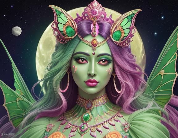 Beautiful Pretty Face Queen Human Goddess Green Luner Indian Moon Moth 