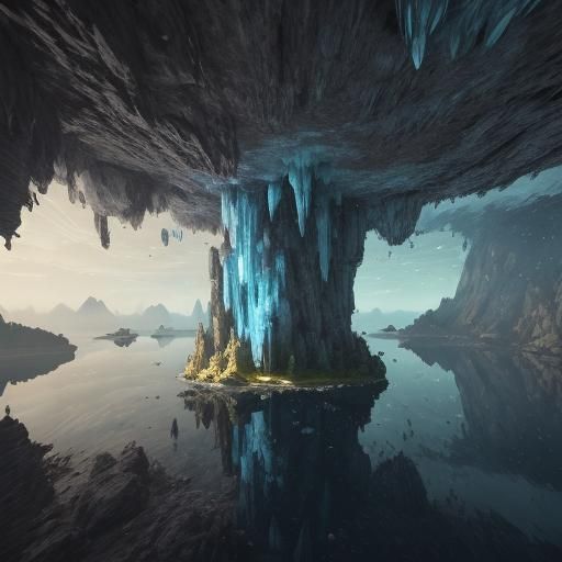 Surreal Cave with Blue Aurora in 3D Render