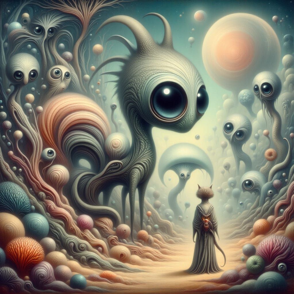 <lora:-Distorted Whimsy-:1.0> creature in an alien fantasy landscape