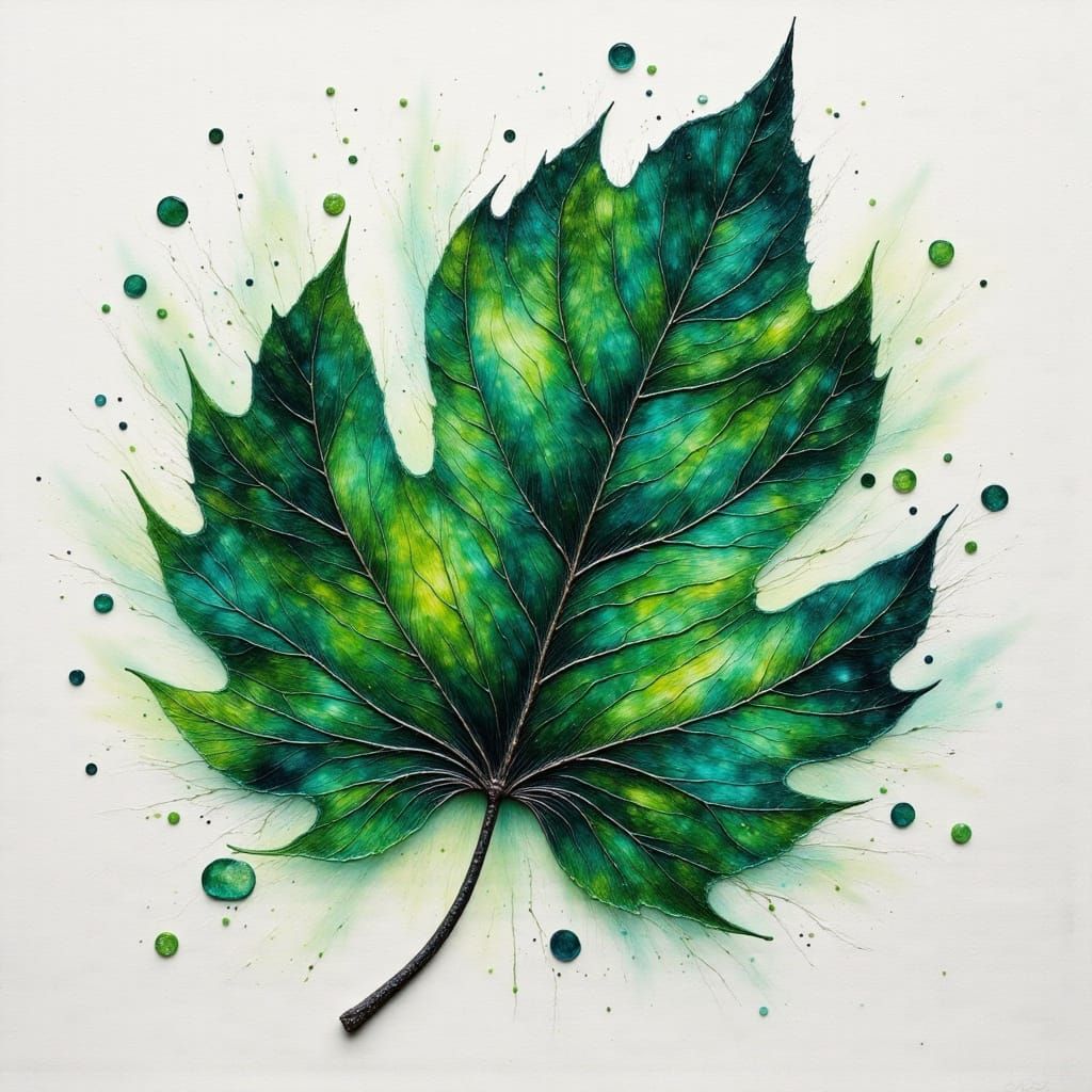 <lora:Ink splatter style:1.0> <lora:PR AlcoholWCGlass:1.0> <lora:Empaste:1.0> <lora:Impax v2:1.0> Single oversized leaf in deep jade green, ...