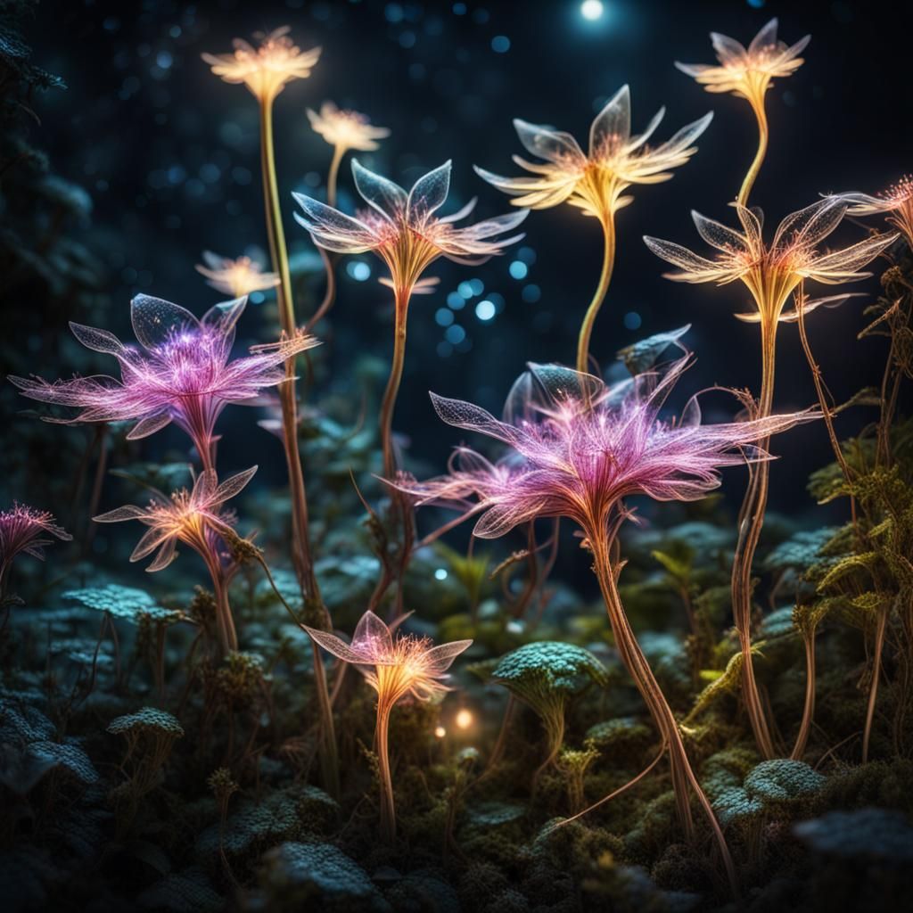 Wide angle view. Fantastical plants and flowers that turn into glowing fairies at night. Their job is ...  by @Christina