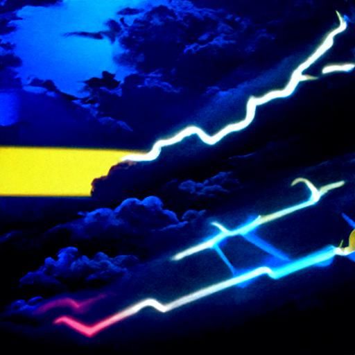 Bright blue and gold yellow lightening bolts piercing the da...