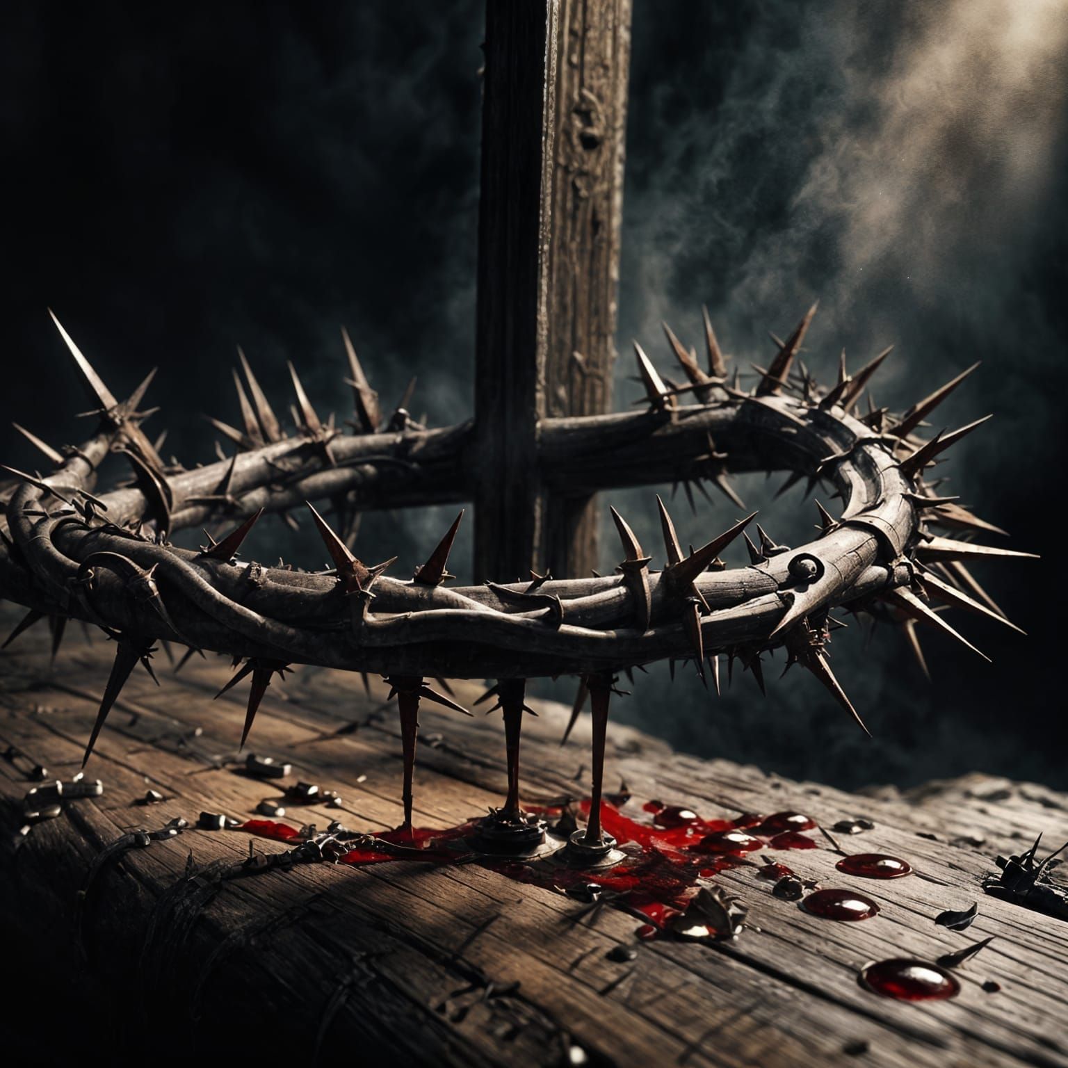 a crown of thorns and 3 blood stain iron nails.Epic cinemati...