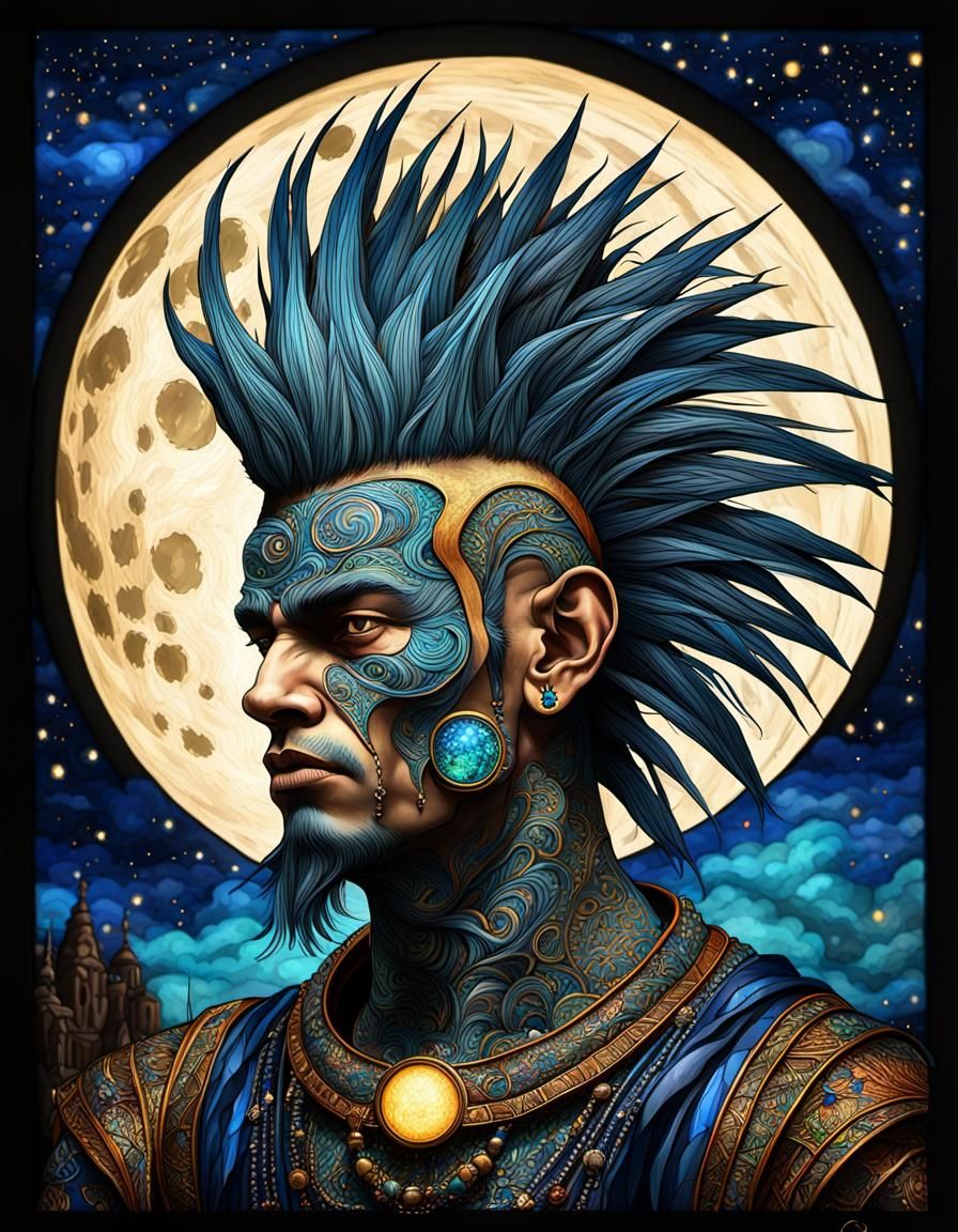 Mohawk,️Bored,️Djinn,️front view,️Starry sky with a full moo...