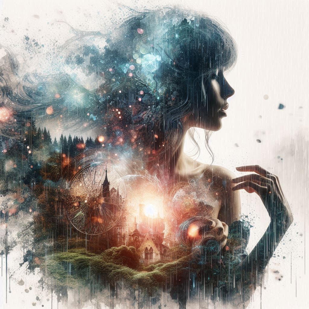 double exposure beautiful fantasy DALL-E 3 portrait landscape..