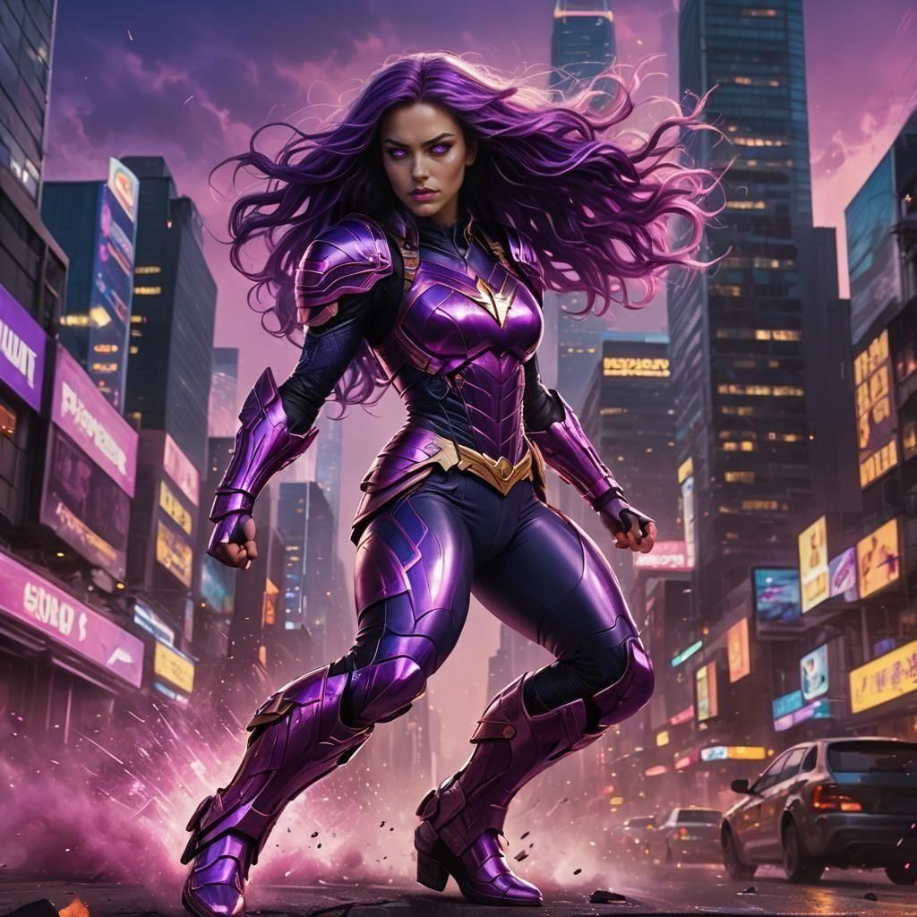 Purple Amazonian Superheroine in a Night City