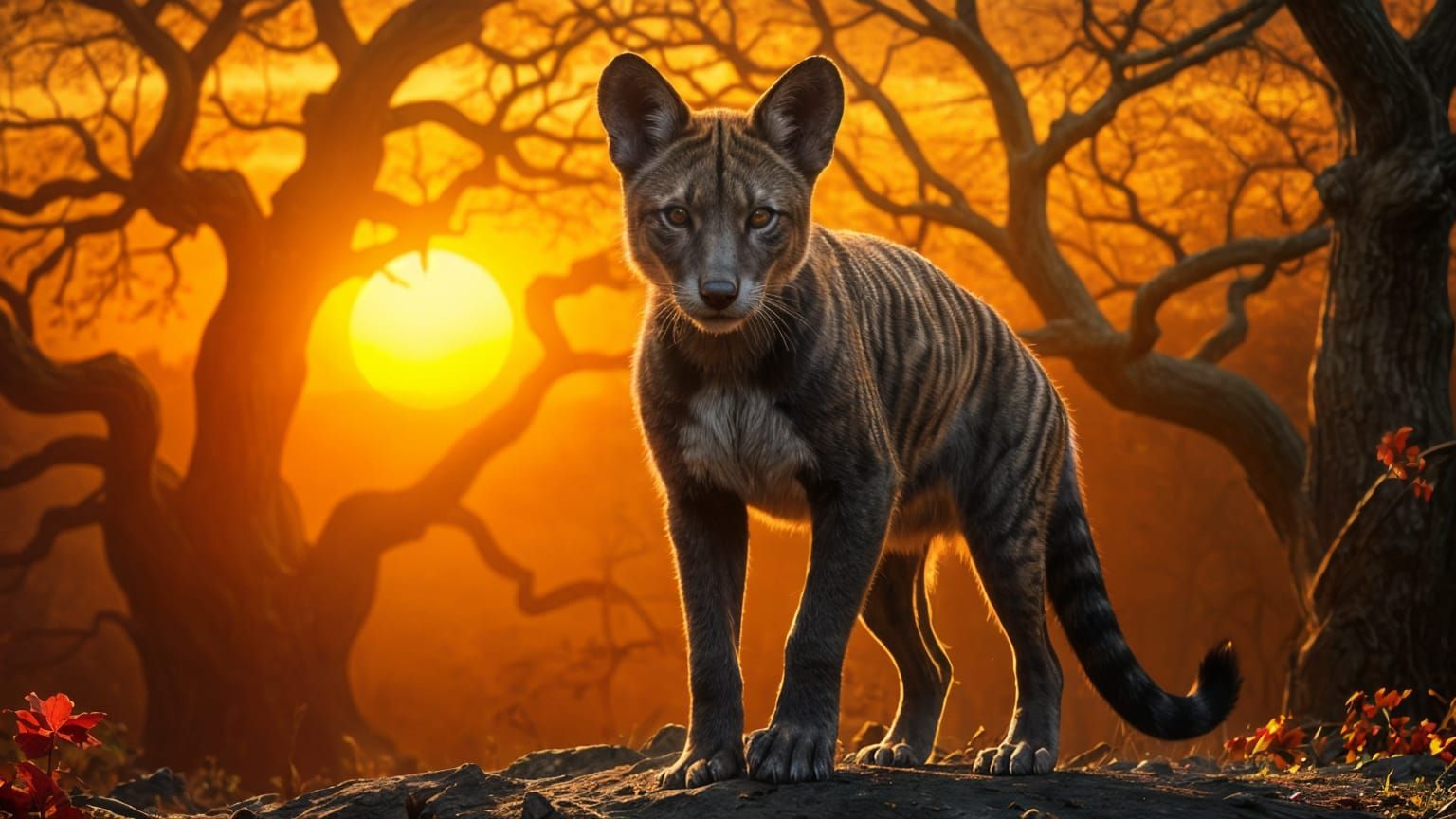 A thylacine in a clearing near some trees looking towards the camera, cinematic, sunset, medium shot. ...  by @undefined