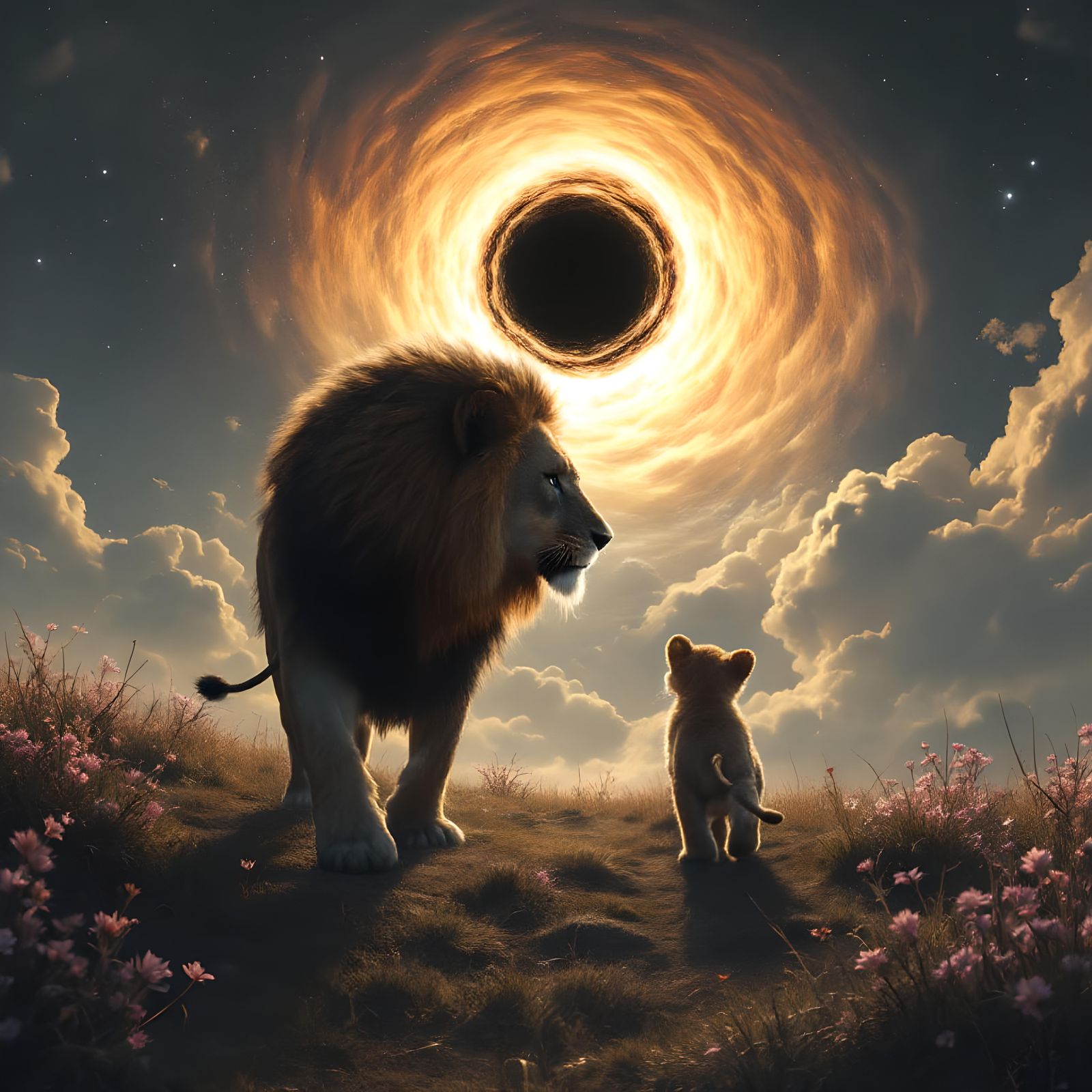 A lion and her cub walking towards a black hole in the sky,dreamy  by @Borganism