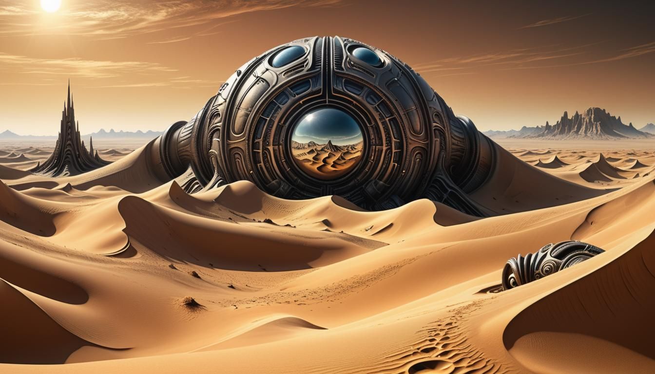 Dune, Arrakis, Desert Planet, by H.R. Giger, brocade, panorama, Behance HD, sunny, clockpunk, colourful 