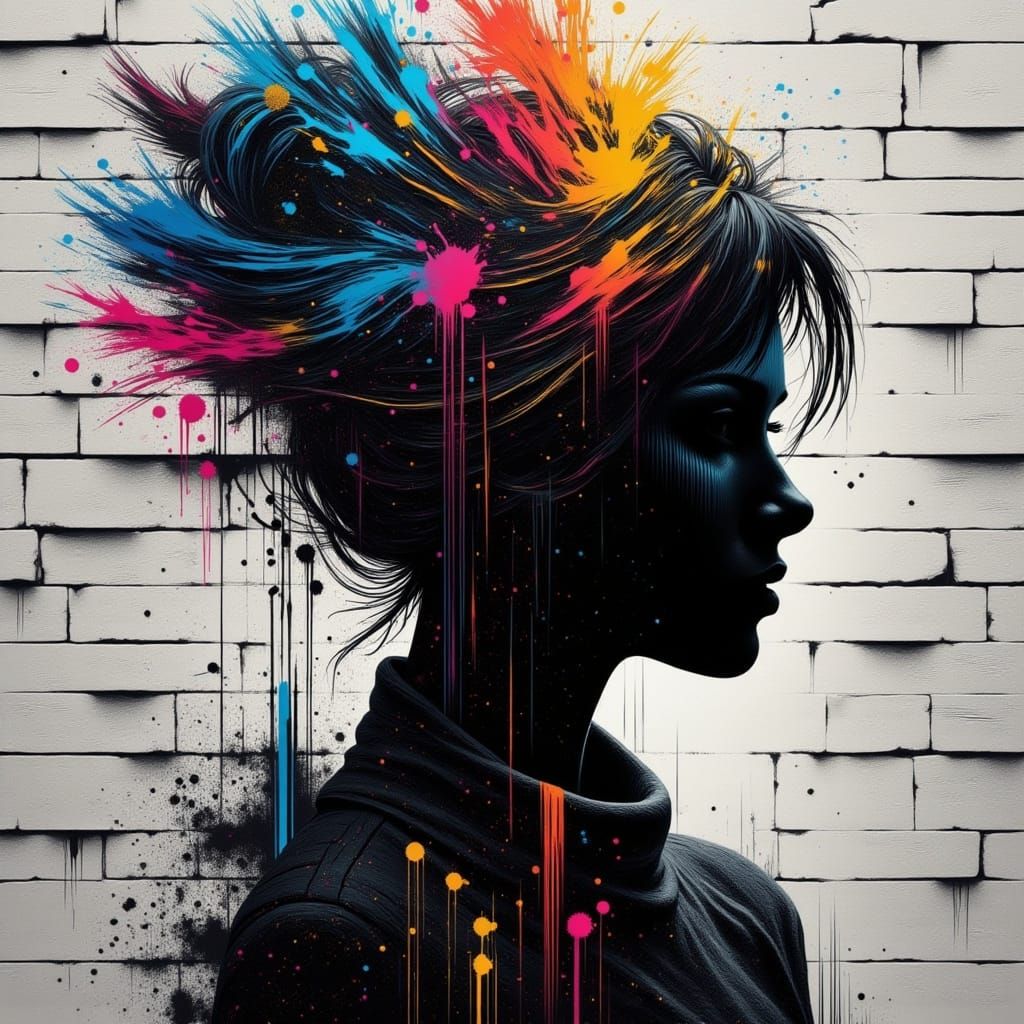 Female Silhouette Merged with Splatter Paint Brick Wall