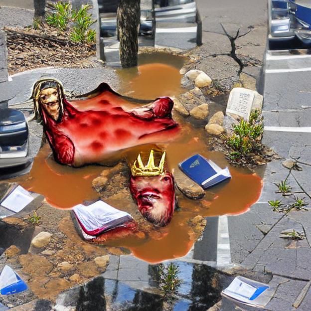 biblical deity lies peacefully in a puddle of its own blood