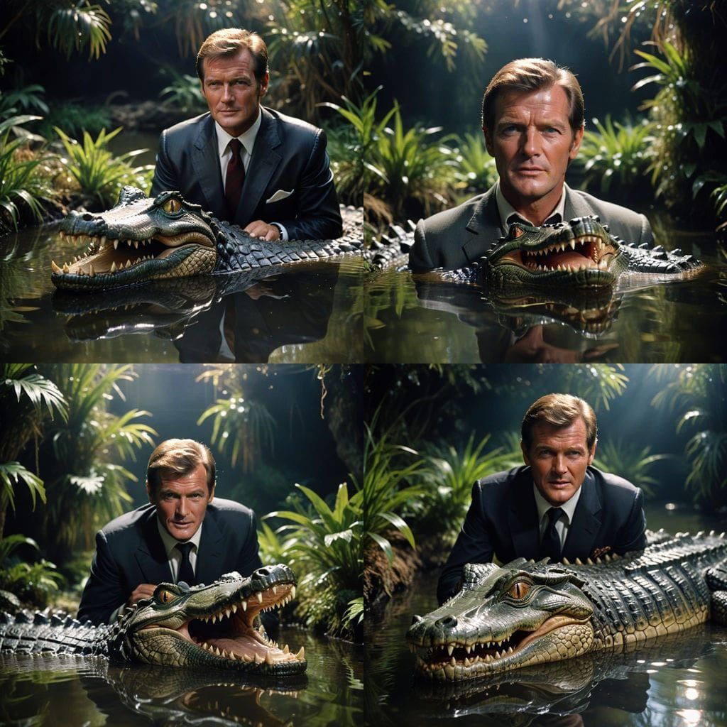 1983 photo of Roger Moore as James Bond, inside an animatronic crocodile mouth.  In a dark pond .