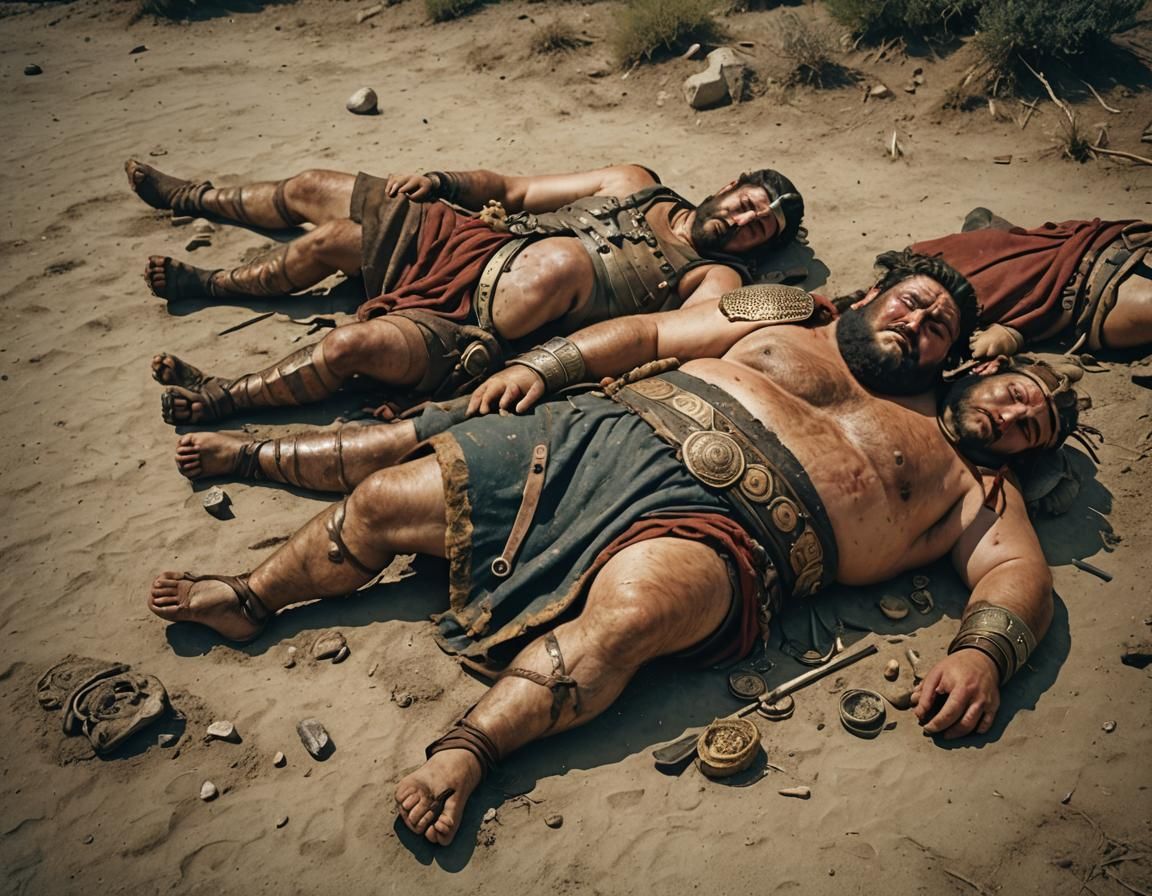 a group dead chubby male minoan warrior with fat bare belly and bare feet,  sleeping on battlefield killed by enemy blood on his face and bo... - AI  Generated Artwork - NightCafe Creator