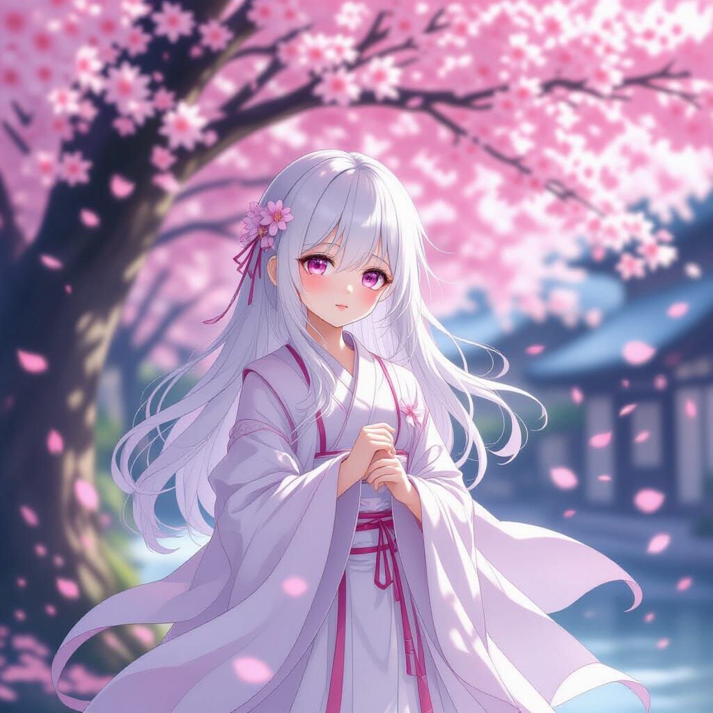 Ethereal Girl Under Sakura Tree in Anime Style