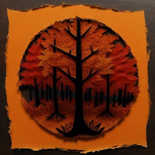textured torn paper art. Autumn trees blended with a wildfir...