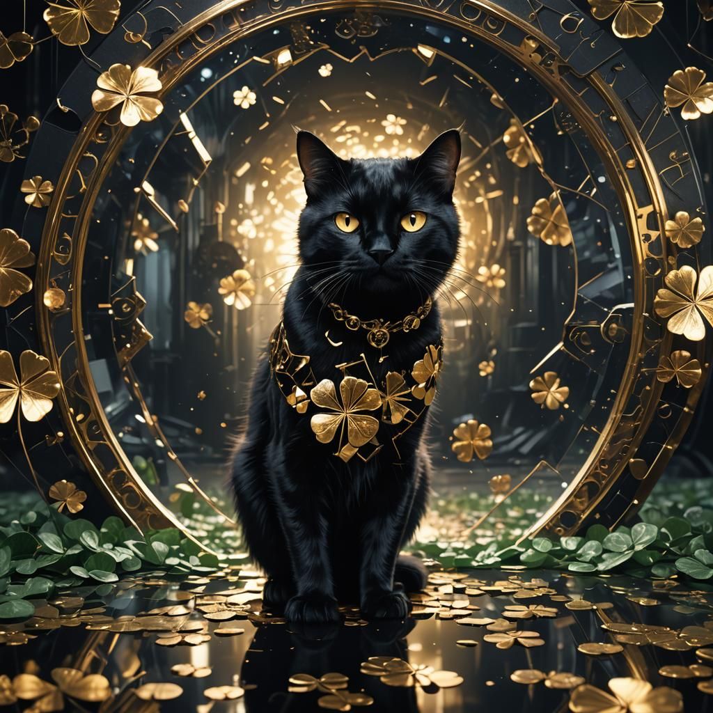 a black cat is reflected in the shards of a dark black and gold mirror in the shape of a four-leaf clover ...  by @ValentMay