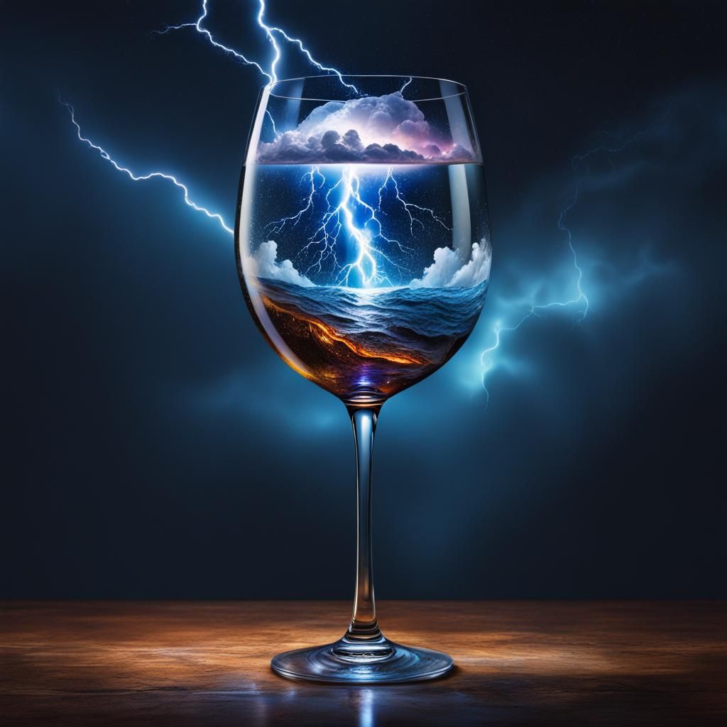 late night thunderstorm with lightning captured entirely inside a large  wineglass ::Hyperrealistic, splash art, concept art, mid shot, intri... -  AI Generated Artwork - NightCafe Creator