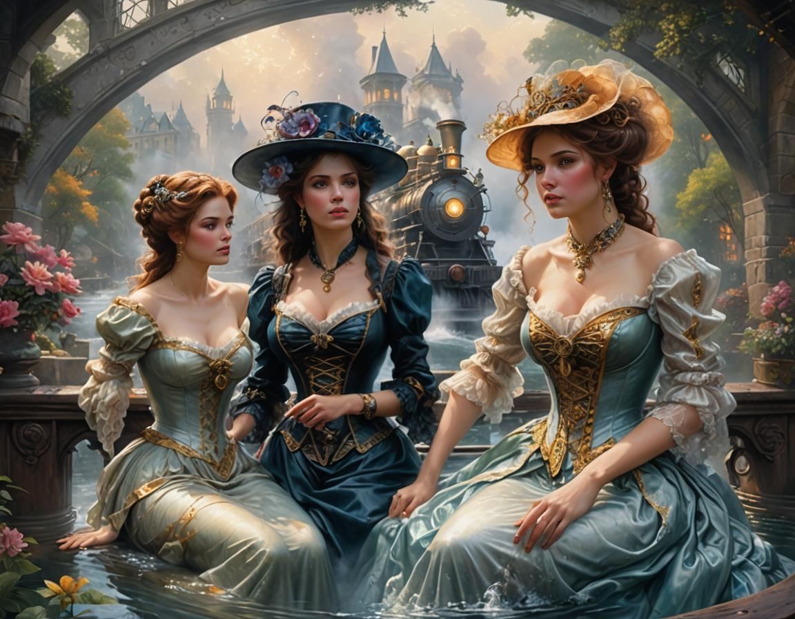 Three ladies on a bridge