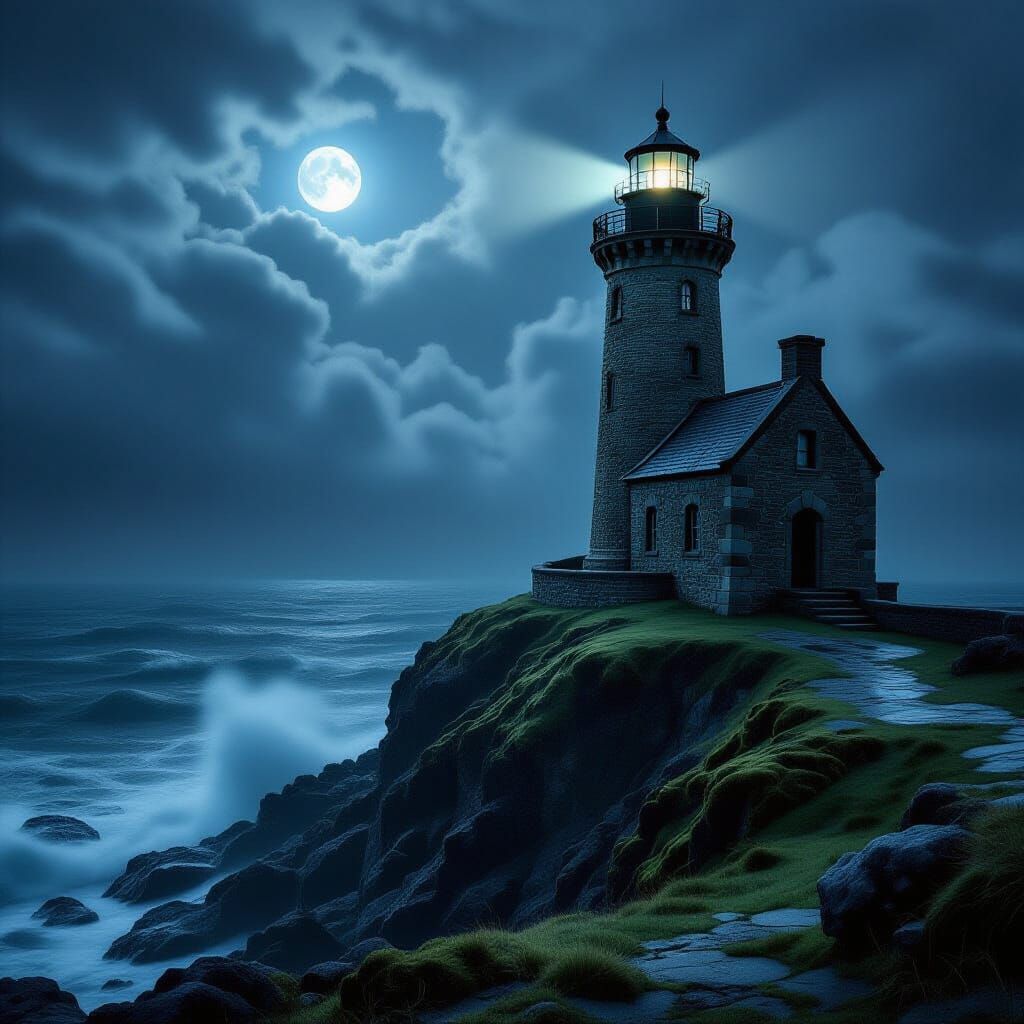 An ancient, moss-covered lighthouse stands on a jagged cliff edge, its beam a solitary, piercing shaft of light cutting through an inky blac...