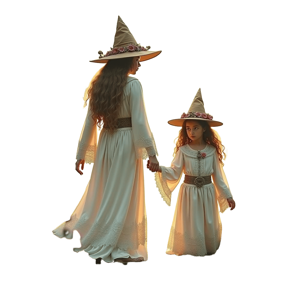 Witches healing pained human with magick in dark forest under stars and full blood moon