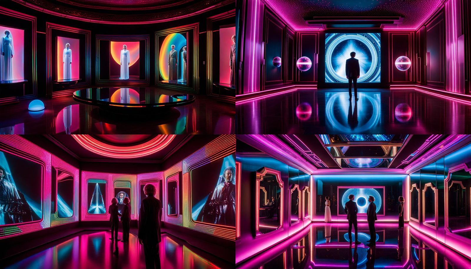 A grand mirror stands at the room's center reflecting a holo...