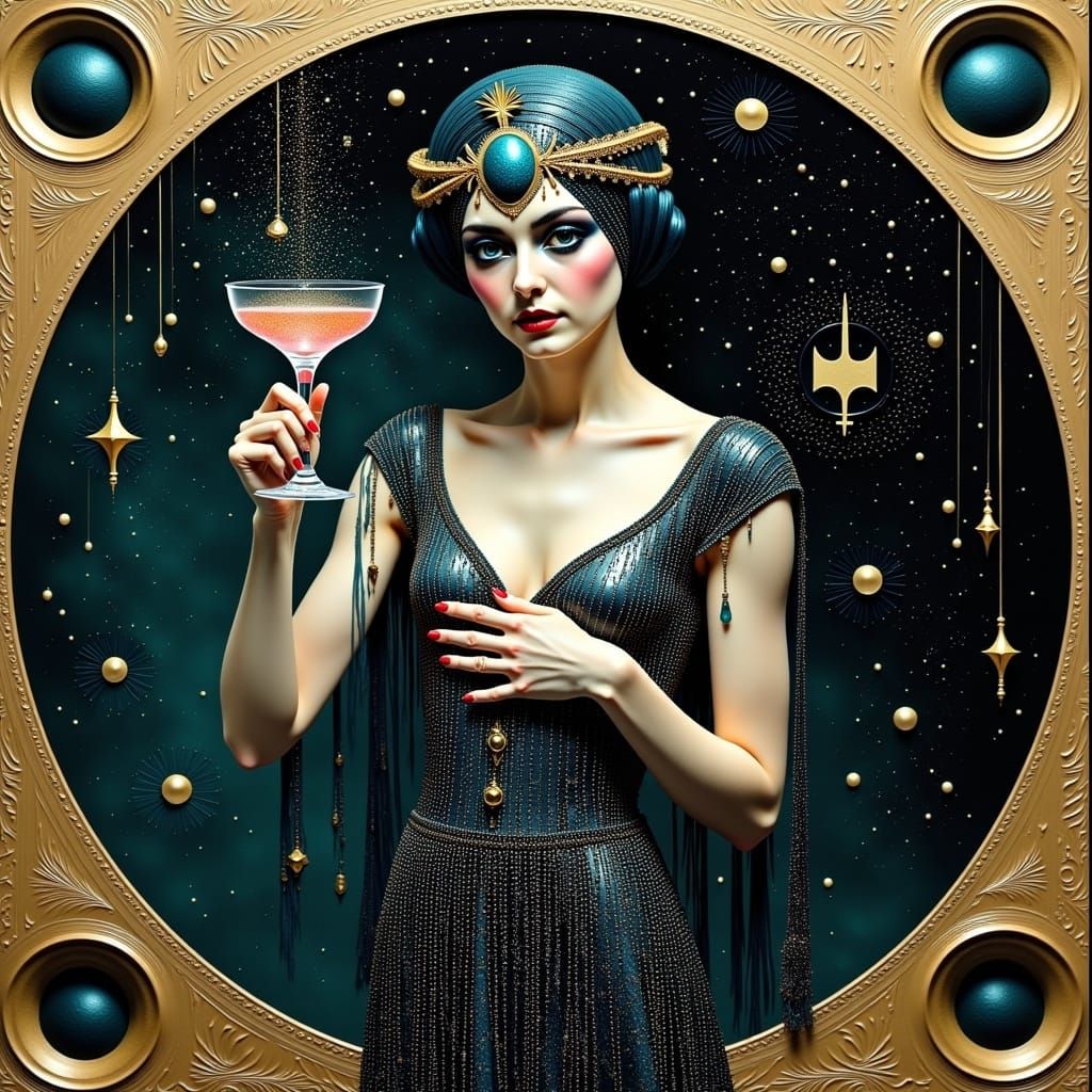 <lora:Surreal:1.0> The Priestess" titled tarot card with magical glittering cocktail in an art deco crystal vessel :: Crisp, sophisticated e...